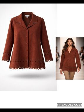 Scallop-Edge Suede Button-Front Jacket - Brown